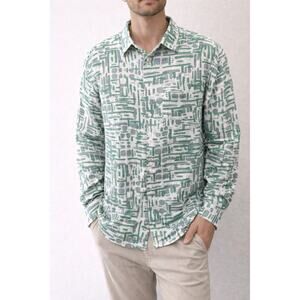 TED BAKER LONDON 100% Linen Button Down Shirt Green Abstract Print Size 4 Large